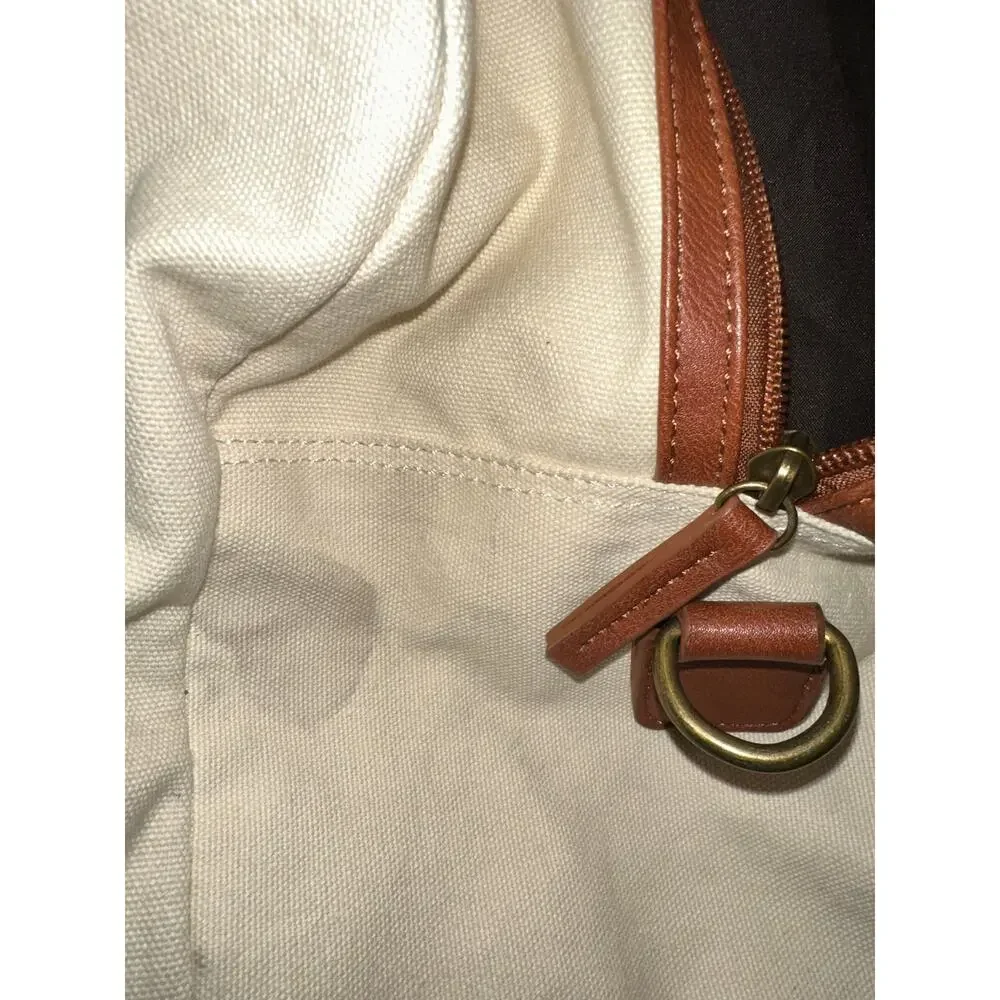 Cream Canvas Weekender Bag Faux Leather Trim Travel